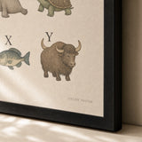 ABC Animal Alphabet Poster — Animal alphabet A-Z in soft pastel illustration tones, close-up detail of print, Atelier Poster