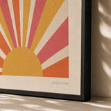 Psychedelic Sunburst 60s Poster — 1960s psychedelic sunburst rays orange magenta mustard, close-up detail of print, Atelier Poster