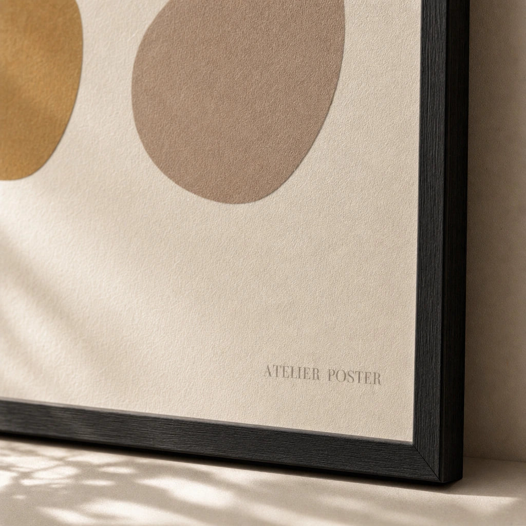 Three Warm Stones Poster — Three hand-drawn stones in terracotta ochre and warm clay, close-up detail of print, Atelier Poster