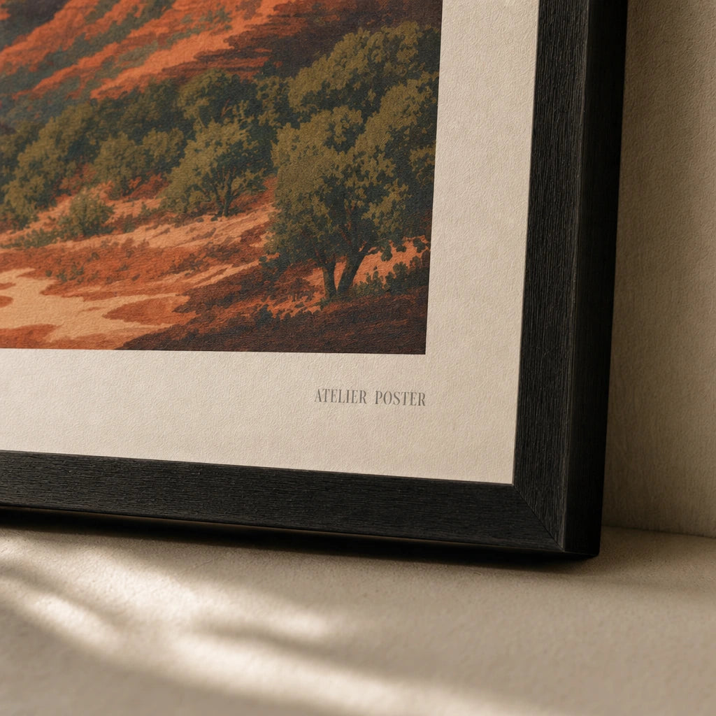Sedona Red Rocks Poster — 1940s Sedona red rock mesas in terracotta on deep blue, close-up detail of print, Atelier Poster