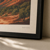 Sedona Red Rocks Poster — 1940s Sedona red rock mesas in terracotta on deep blue, close-up detail of print, Atelier Poster