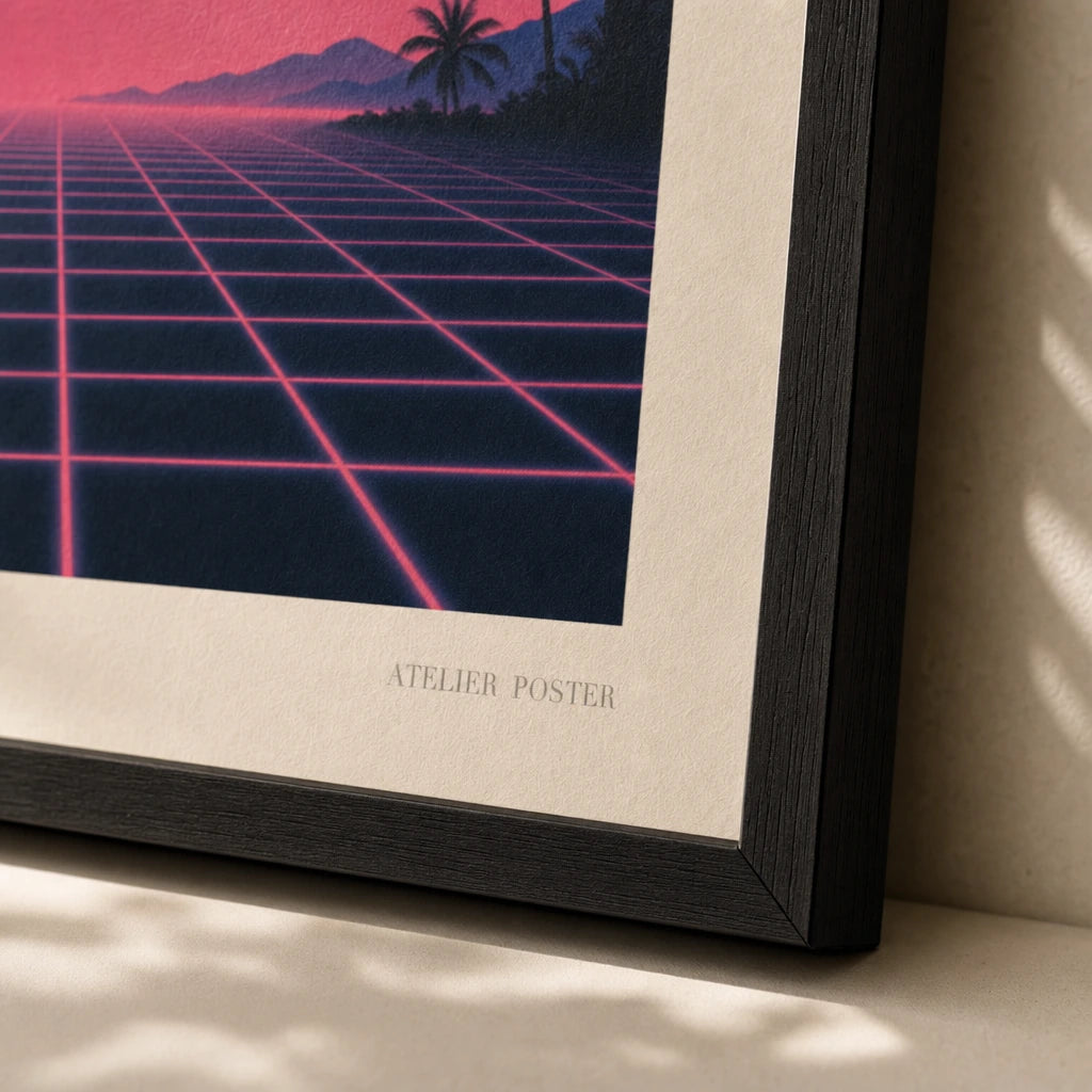 80s Synthwave Sunset Poster — 1980s synthwave neon pink cobalt grid sunset Miami Vice, close-up detail of print, Atelier Poster