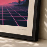 80s Synthwave Sunset Poster — 1980s synthwave neon pink cobalt grid sunset Miami Vice, close-up detail of print, Atelier Poster