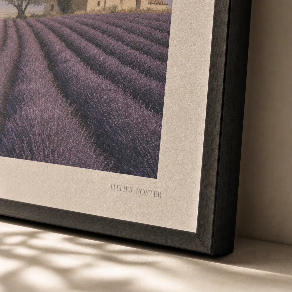Provence Lavender Fields Poster — Mid-century Provence lavender fields with stone farmhouse, close-up detail of print, Atelier Poster