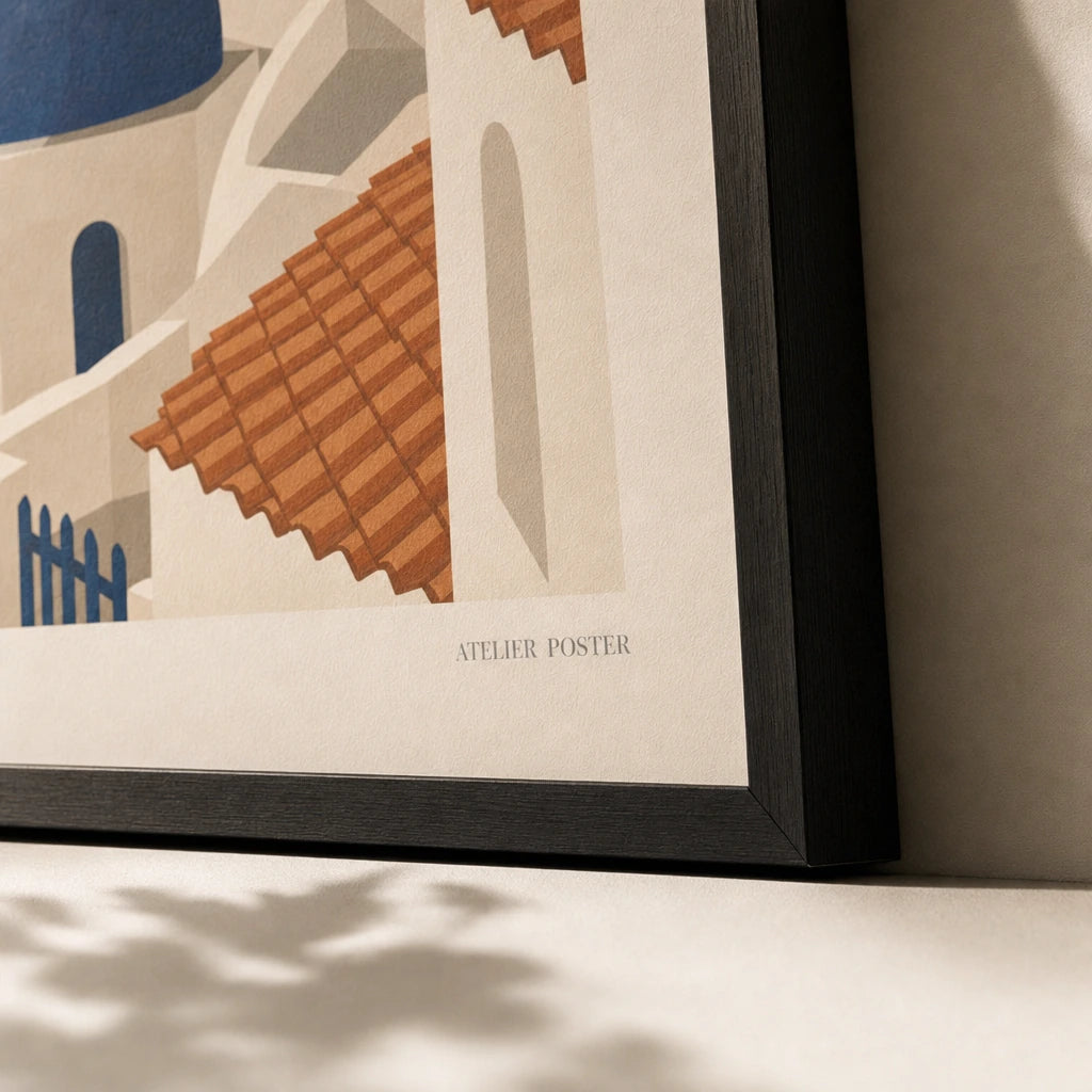 Greek Islands Santorini Poster — Mid-century Santorini blue domes on deep Aegean blue, close-up detail of print, Atelier Poster