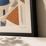 Greek Islands Santorini Poster — Mid-century Santorini blue domes on deep Aegean blue, close-up detail of print, Atelier Poster