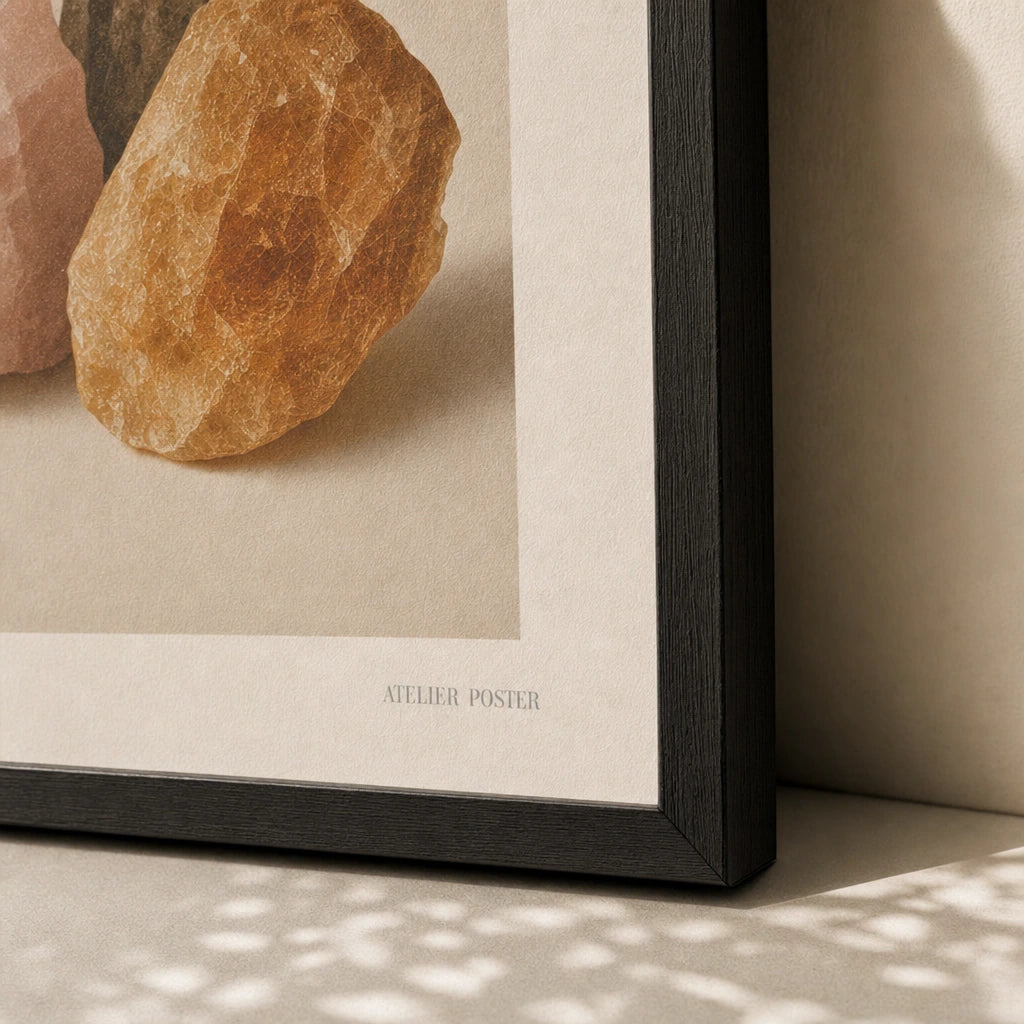 Bohemian Crystal Cluster Poster — Rose quartz smoky quartz citrine cluster in warm tones, close-up detail of print, Atelier Poster