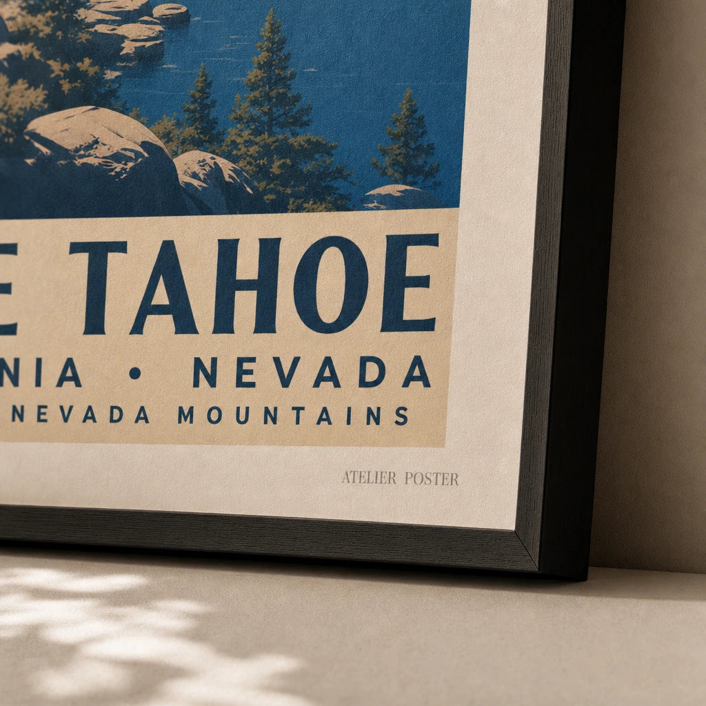 Lake Tahoe Mountain Lake Poster — 1950s Lake Tahoe with Sierra peaks and towering pines, close-up detail of print, Atelier Poster
