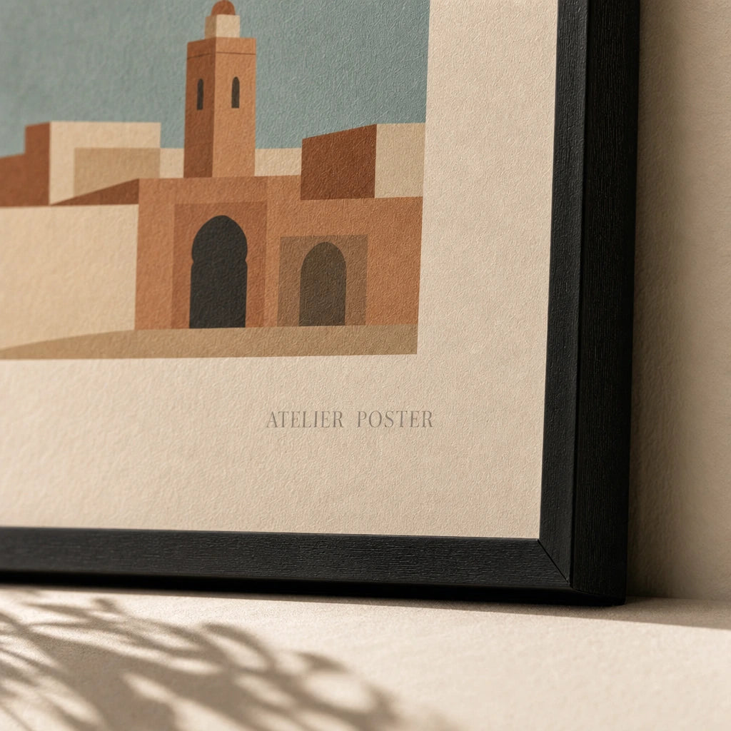 Stairwell Travel Ascending Gallery Poster — Five-print travel stairwell ascending vintage WPA gallery, close-up detail of print, Atelier Poster