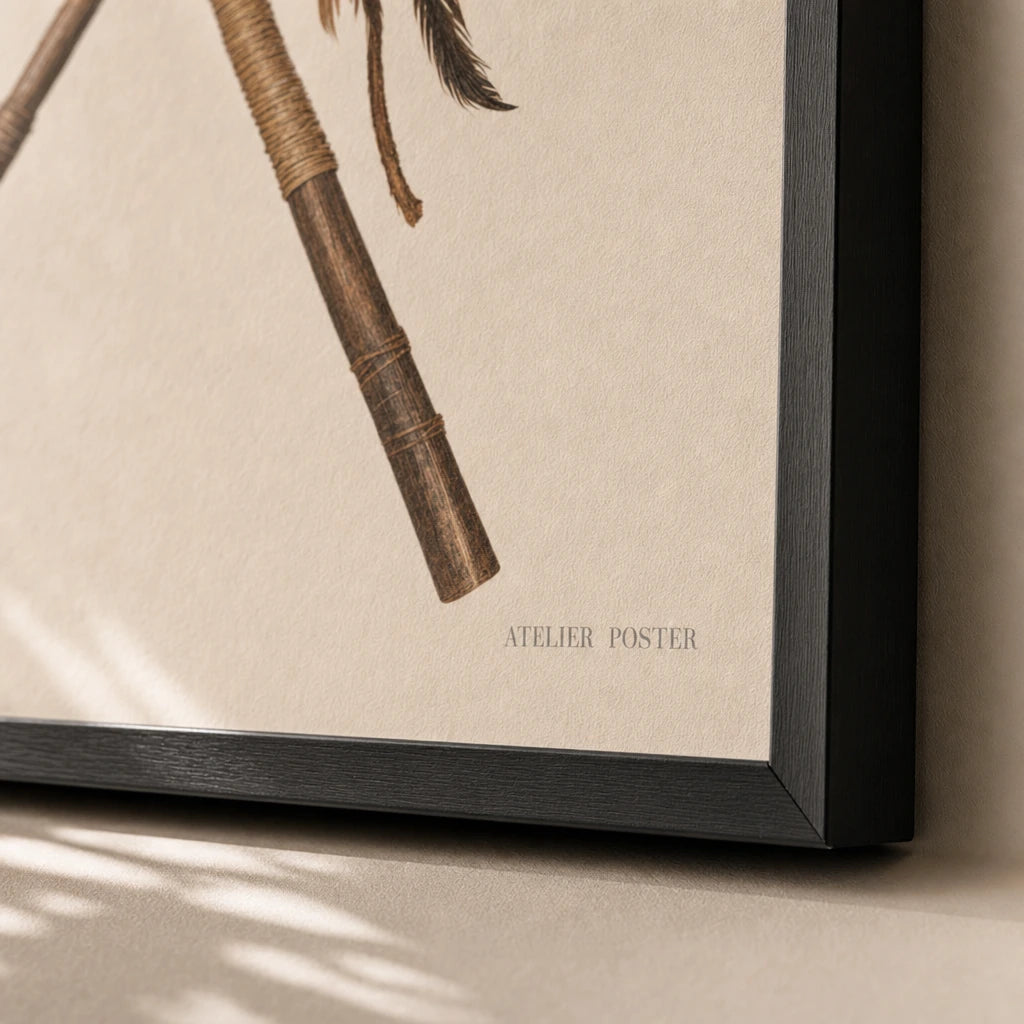 Tribal Spear Pair Poster — Two crossed tribal spears with leather and feathers, close-up detail of print, Atelier Poster