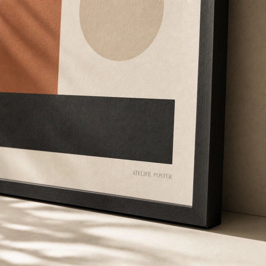 Ochre Arch Composition Poster — Ochre arch with cream circles Bauhaus earth-tone geometric, close-up detail of print, Atelier Poster
