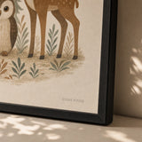 Forest Animals Trio Poster — Fox owl deer woodland animals in soft earth tones, close-up detail of print, Atelier Poster