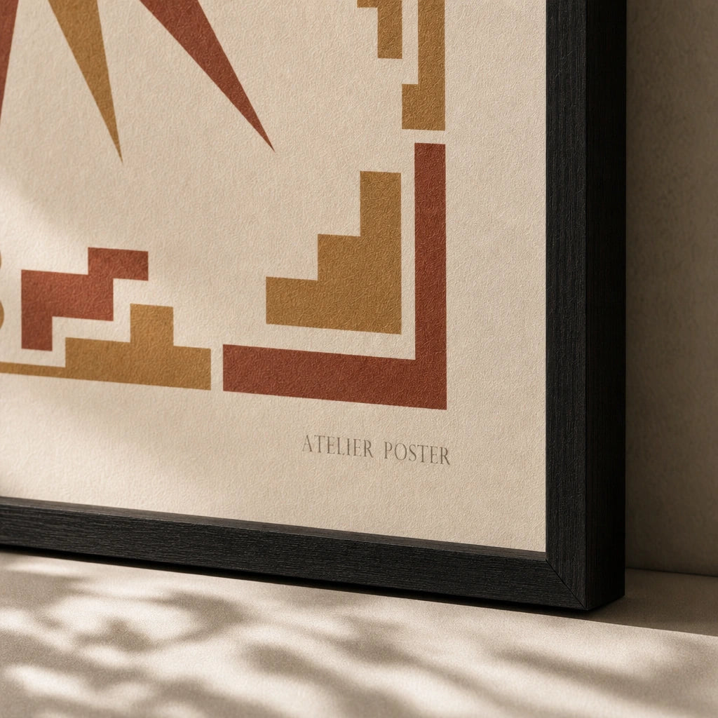 Aztec Geometric Sun Poster — Aztec-inspired geometric sun motif in terracotta and ochre, close-up detail of print, Atelier Poster