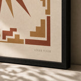Aztec Geometric Sun Poster — Aztec-inspired geometric sun motif in terracotta and ochre, close-up detail of print, Atelier Poster