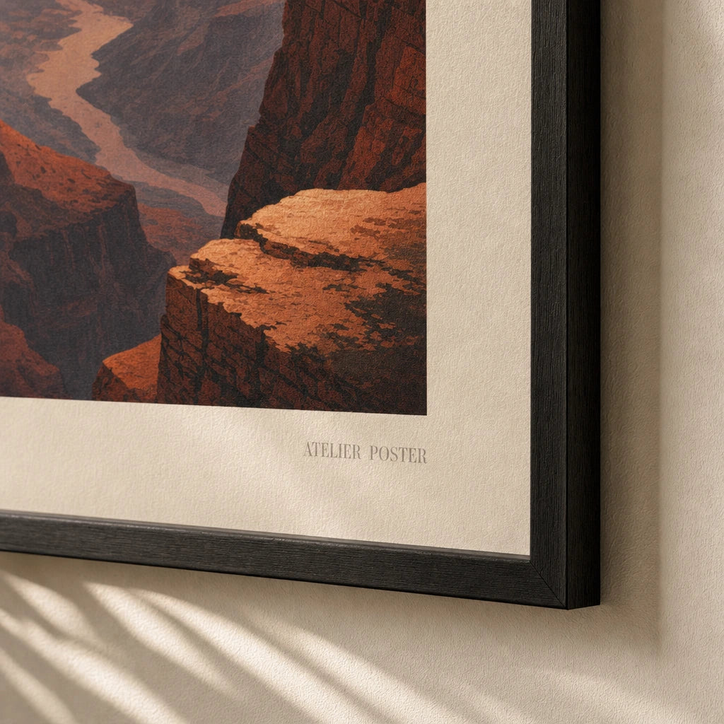 Grand Canyon Sunset Poster — WPA-style Grand Canyon sunset in layered red and orange, close-up detail of print, Atelier Poster