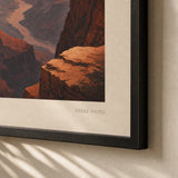 Grand Canyon Sunset Poster — WPA-style Grand Canyon sunset in layered red and orange, close-up detail of print, Atelier Poster