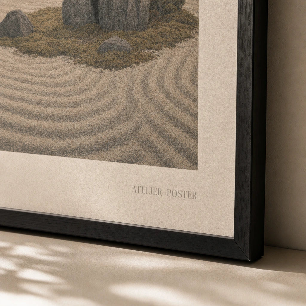 Kyoto Temple Garden Poster — Japanese Kyoto temple with sage maple in soft autumn tones, close-up detail of print, Atelier Poster