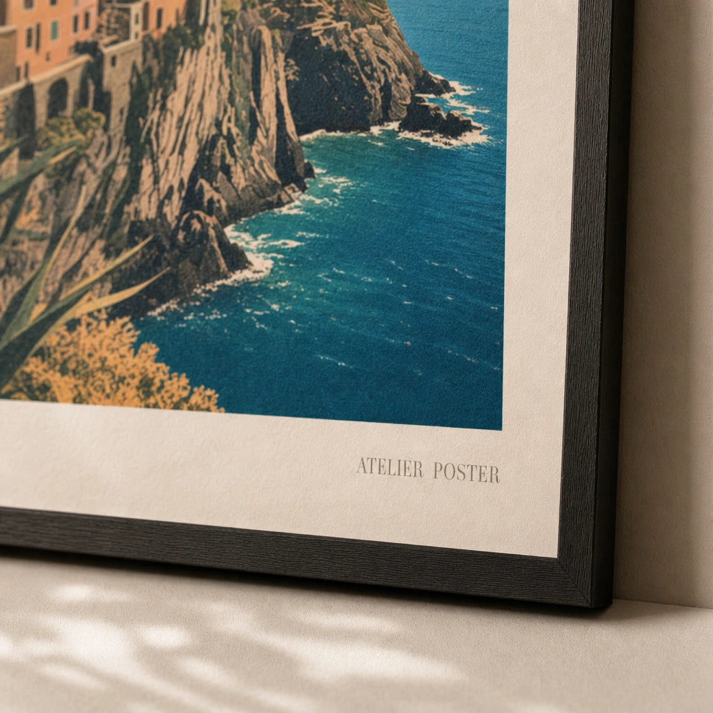 Italian Coastline Cinque Terre Poster — Mid-century Cinque Terre cliffside village in warm tones, close-up detail of print, Atelier Poster