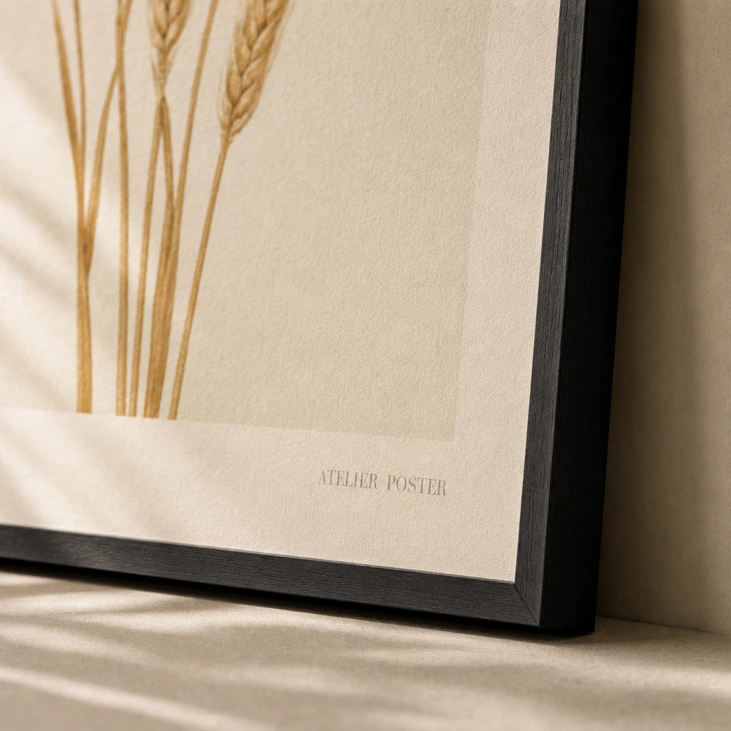 Wheat Stalks Poster — Five tall golden wheat stalks gathered upright on cream, close-up detail of print, Atelier Poster