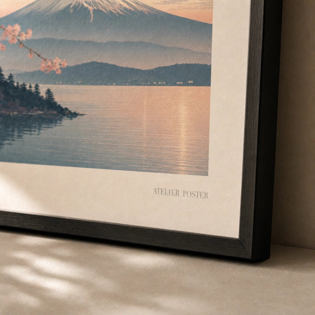 Tokyo Mt Fuji Poster — Japanese woodblock-style Mt Fuji with cherry blossoms, close-up detail of print, Atelier Poster