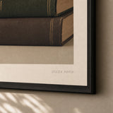 Dark Academia Books Poster — Three leather books burgundy forest green dark academia, close-up detail of print, Atelier Poster