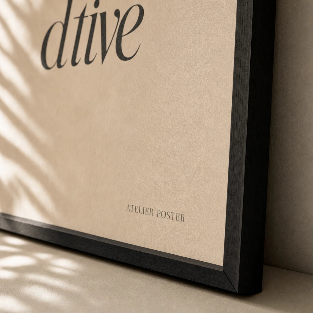 Rest Is Productive Poster — Elegant serif italic 'rest is productive' wellness mantra, close-up detail of print, Atelier Poster