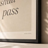 This Too Shall Pass Poster — Handwritten serif italic 'this too shall pass' wisdom, close-up detail of print, Atelier Poster