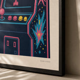 80s Arcade Game Poster — 1980s arcade game neon pink cyan yellow pixelated cabinet, close-up detail of print, Atelier Poster