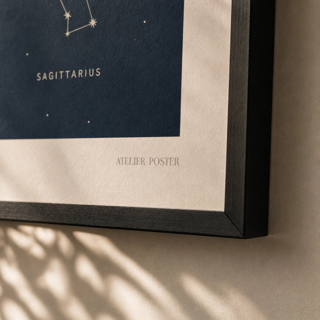 Constellations Night Sky Poster — Eight major constellations on deep navy night sky, close-up detail of print, Atelier Poster