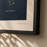 Constellations Night Sky Poster — Eight major constellations on deep navy night sky, close-up detail of print, Atelier Poster