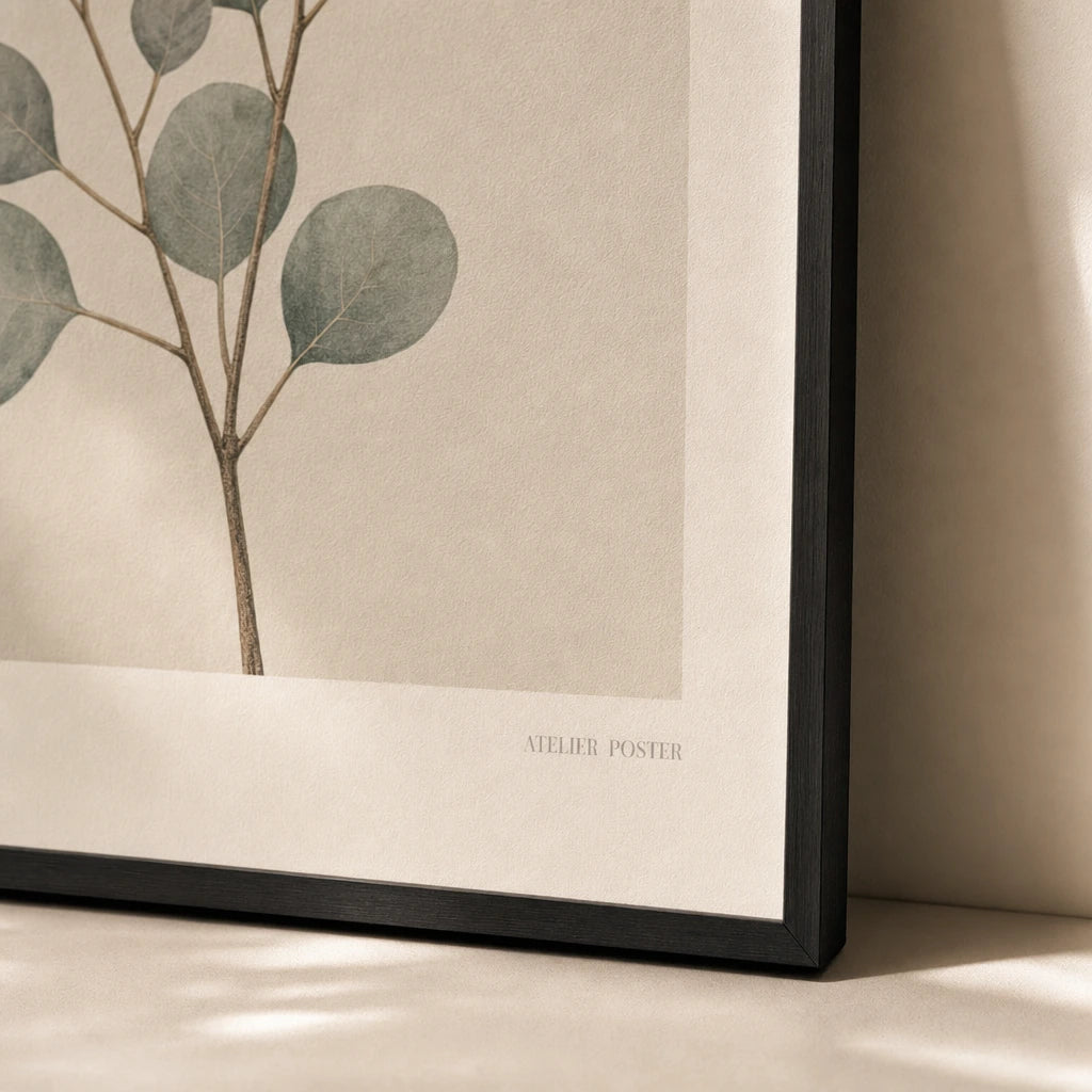 Eucalyptus Branch Study Poster — Vintage herbarium-style eucalyptus branch in soft sage, close-up detail of print, Atelier Poster