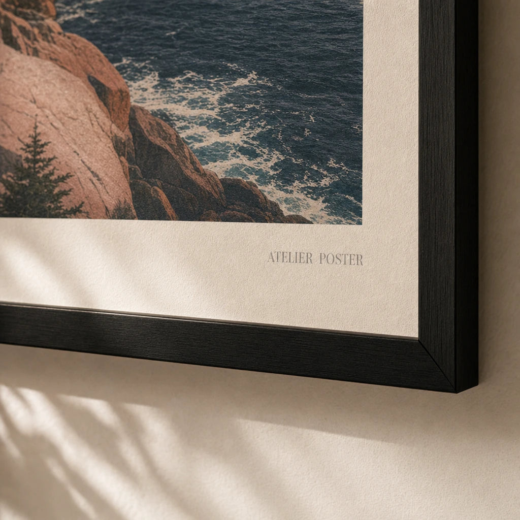 Acadia Maine Coast Poster — 1940s Acadia Maine pink granite cliffs and dark spruce, close-up detail of print, Atelier Poster