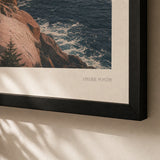 Acadia Maine Coast Poster — 1940s Acadia Maine pink granite cliffs and dark spruce, close-up detail of print, Atelier Poster