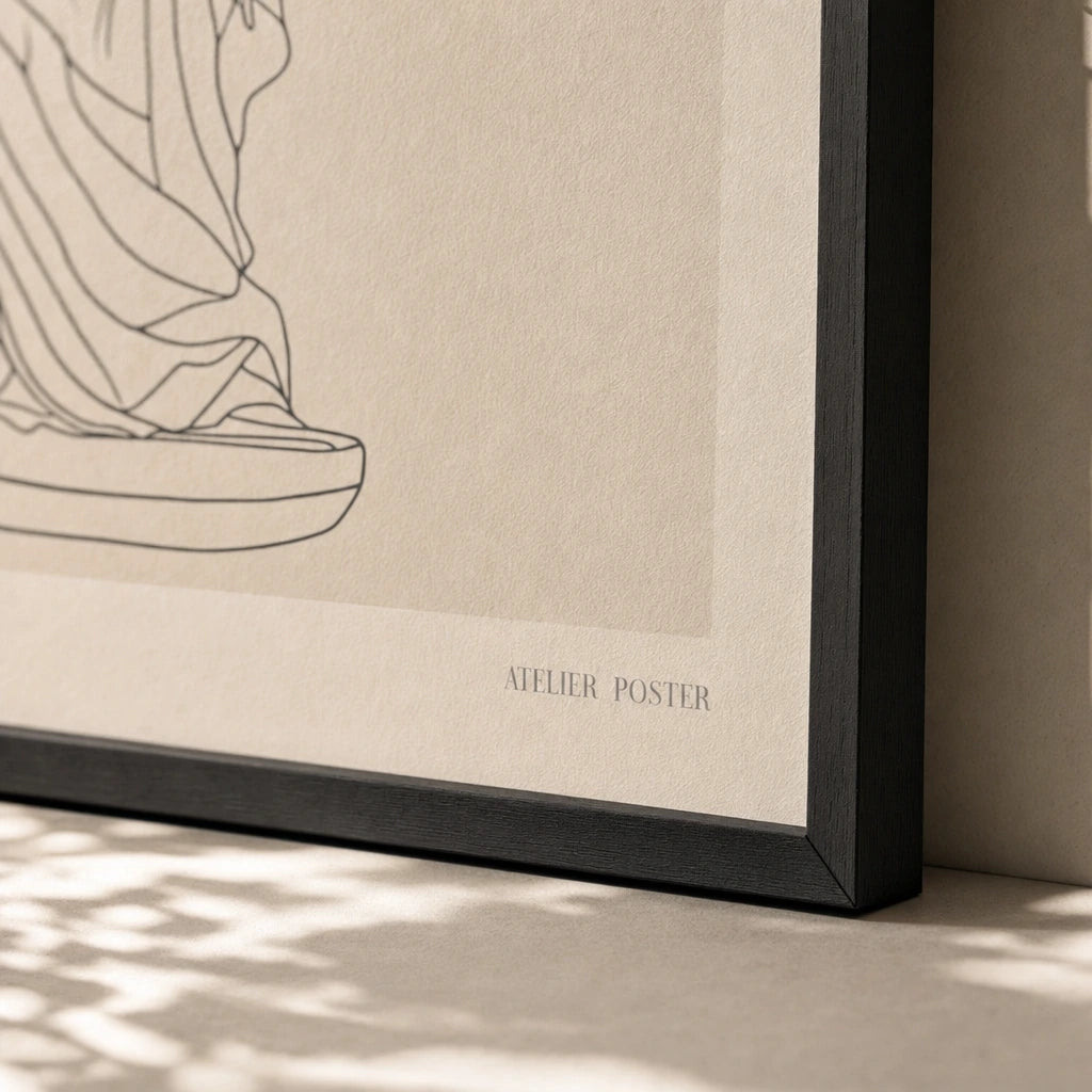 Modern Statue Silhouette Poster — Minimalist continuous-line classical draped statue silhouette in thin black, close-up detail of print, Atelier Poster