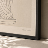 Modern Statue Silhouette Poster — Minimalist continuous-line classical draped statue silhouette in thin black, close-up detail of print, Atelier Poster