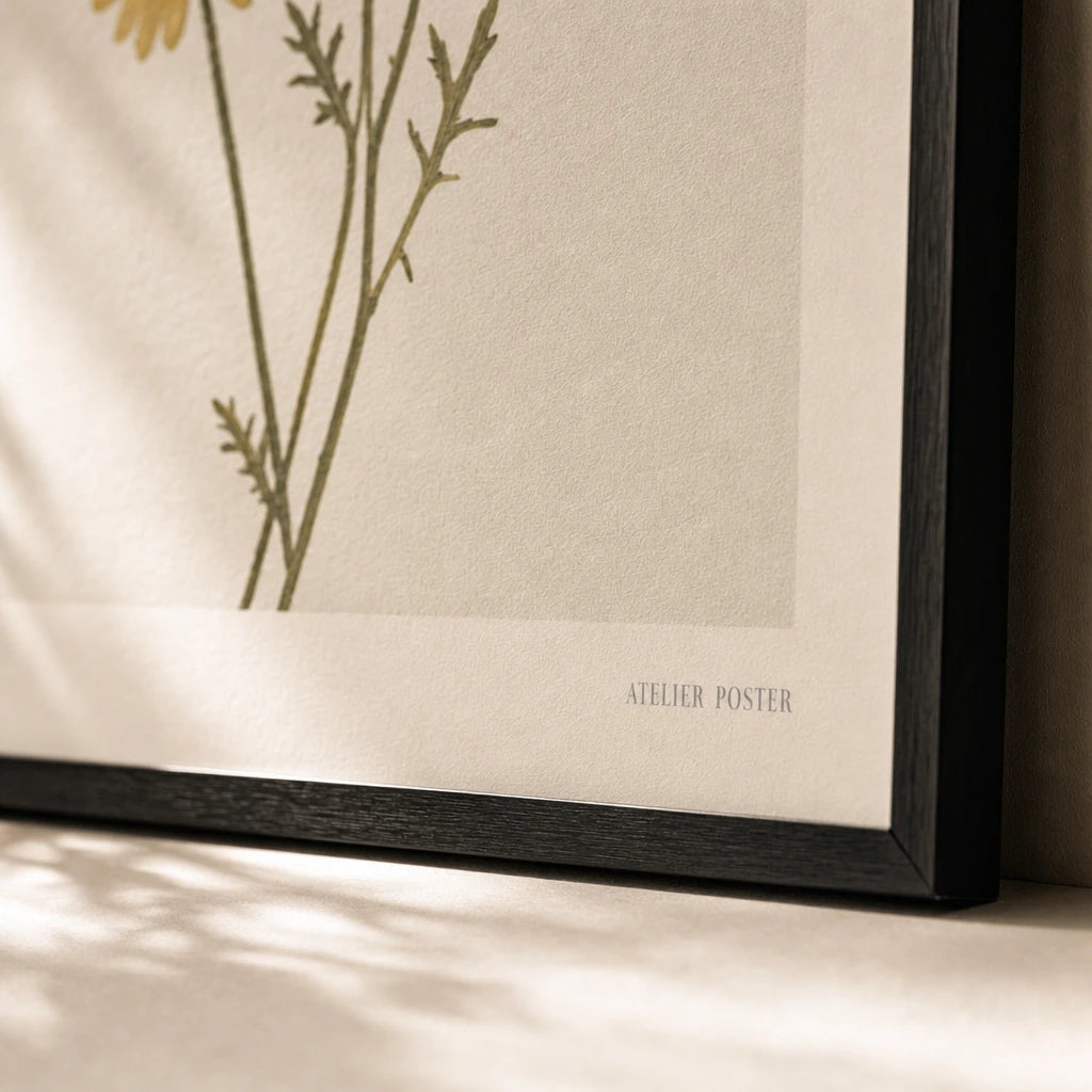 Pressed Daisy Trio Poster — Three pressed yellow daisies on cream linen background, close-up detail of print, Atelier Poster
