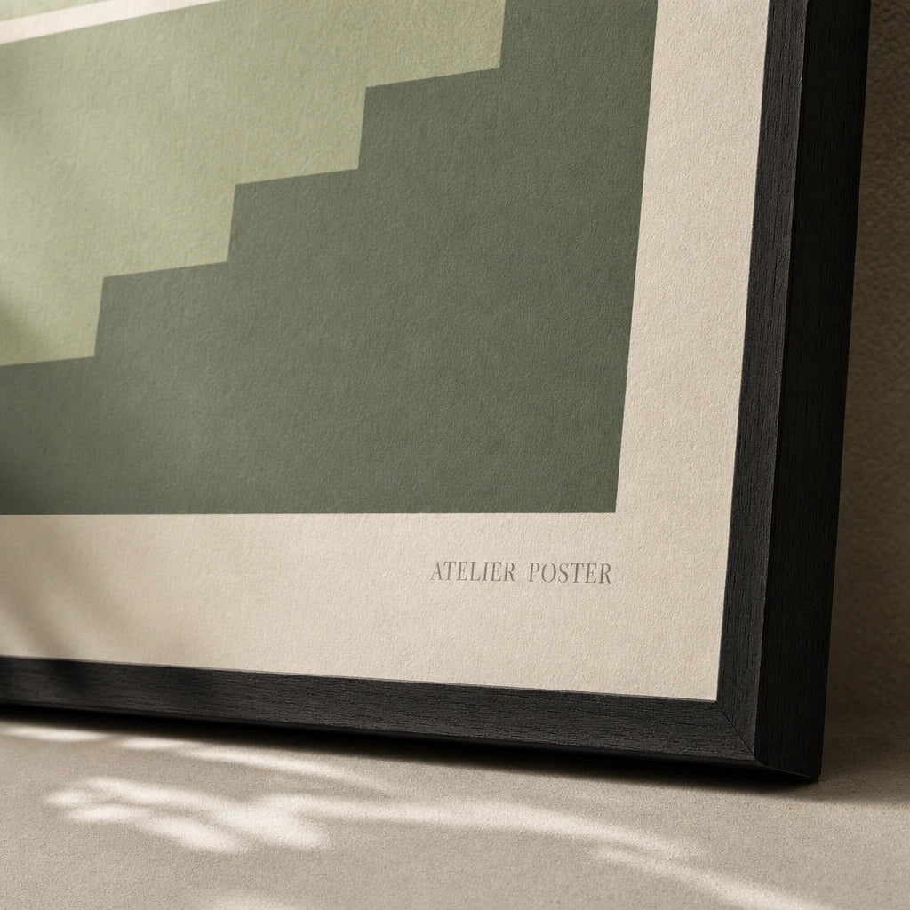 All Sage Tonal Three Gallery Poster — Three-print all-sage tonal monochromatic graduated calm set, close-up detail of print, Atelier Poster