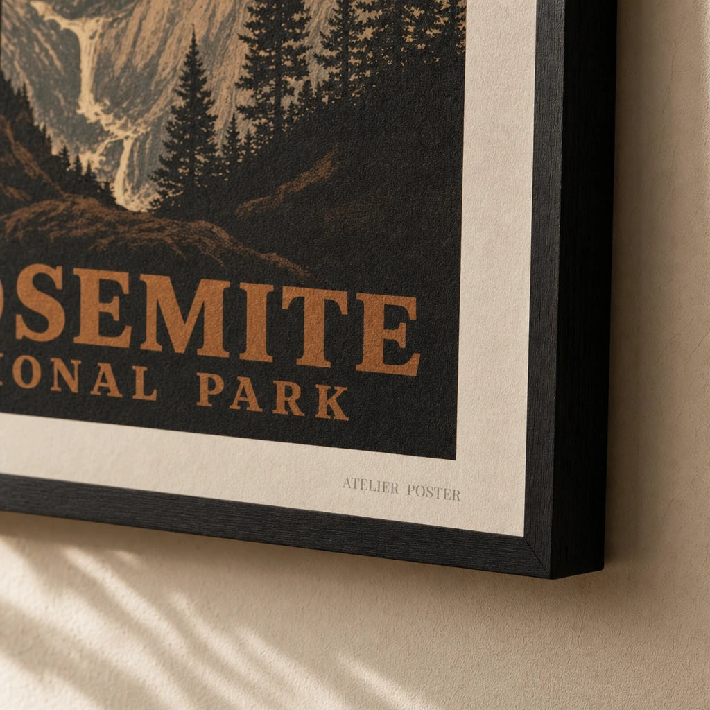 Yosemite Valley WPA Poster — WPA-style Yosemite Half Dome illustration in warm ochre, close-up detail of print, Atelier Poster