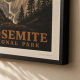 Yosemite Valley WPA Poster — WPA-style Yosemite Half Dome illustration in warm ochre, close-up detail of print, Atelier Poster