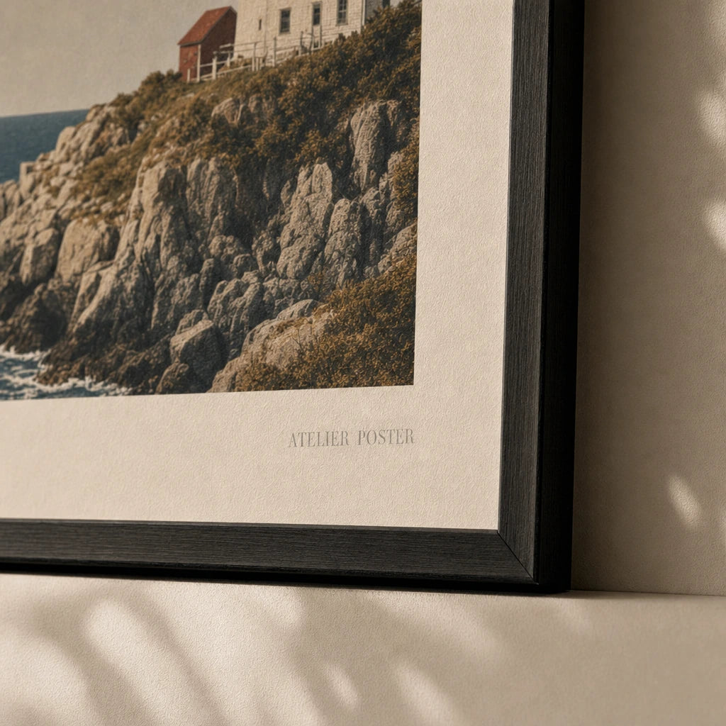 Maine Coastal Lighthouse Poster — 1940s Maine coastal lighthouse on rocky promontory, close-up detail of print, Atelier Poster