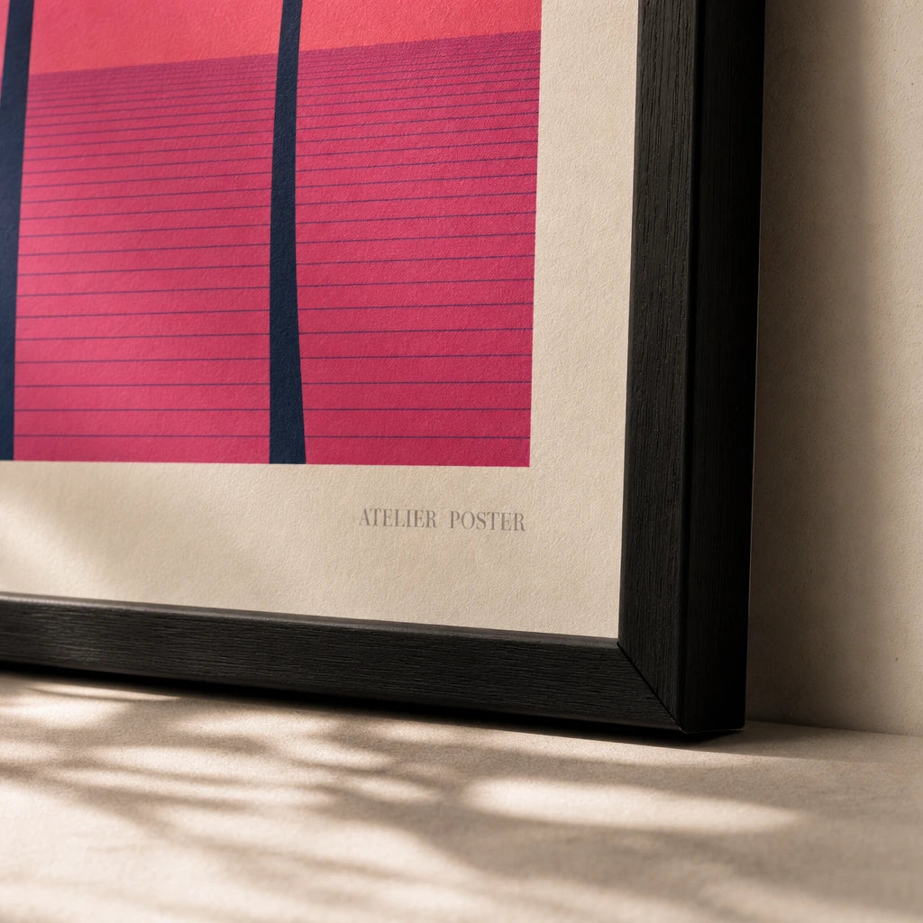 Miami Palms Neon 80s Poster — Three palm silhouettes Miami Vice pink cobalt sunset 1987, close-up detail of print, Atelier Poster