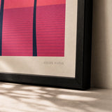 Miami Palms Neon 80s Poster — Three palm silhouettes Miami Vice pink cobalt sunset 1987, close-up detail of print, Atelier Poster