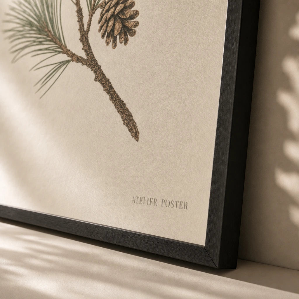 Pine Branch Winter Poster — Single pine branch with one small pinecone on cream, close-up detail of print, Atelier Poster