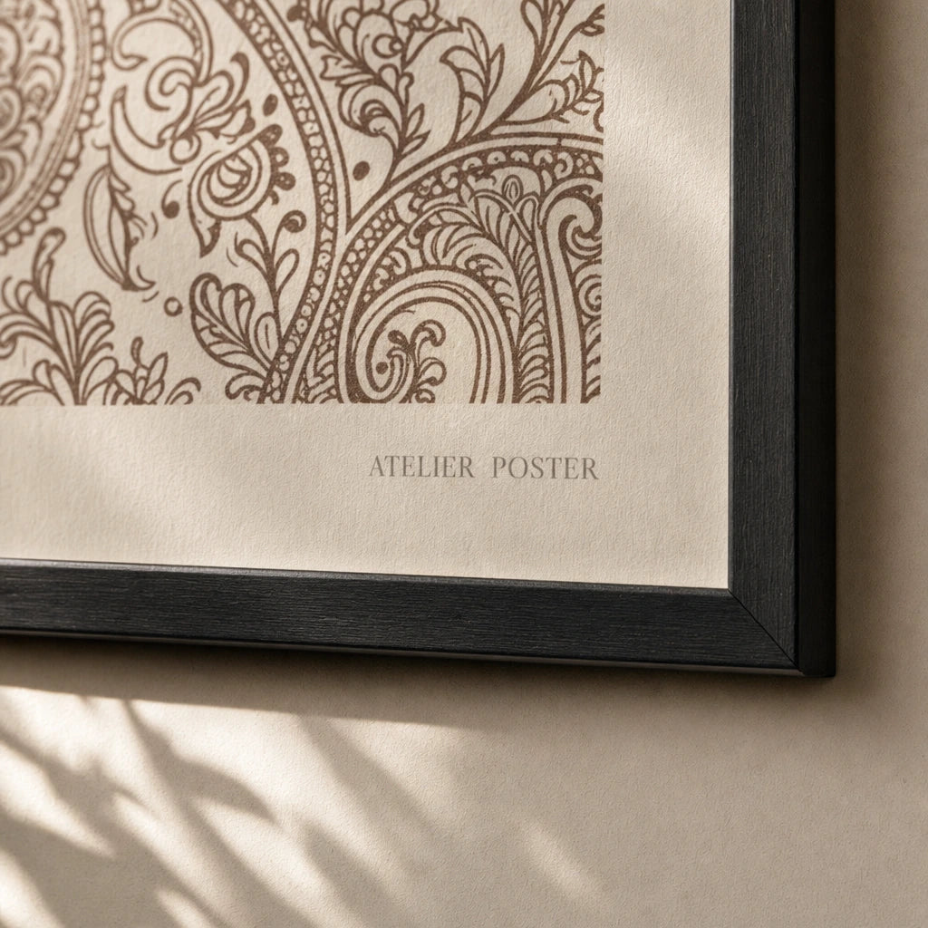 Hand-Drawn Henna Detail Poster — Hand-drawn henna paisley and vine pattern in deep umber, close-up detail of print, Atelier Poster