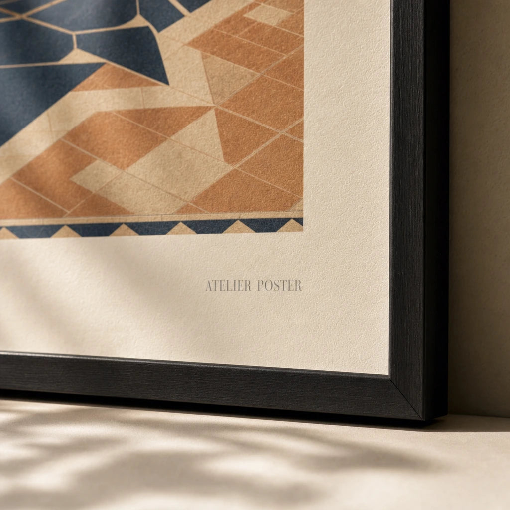 Marrakech Riad Poster — Mid-century Marrakech riad with geometric tile and arches, close-up detail of print, Atelier Poster