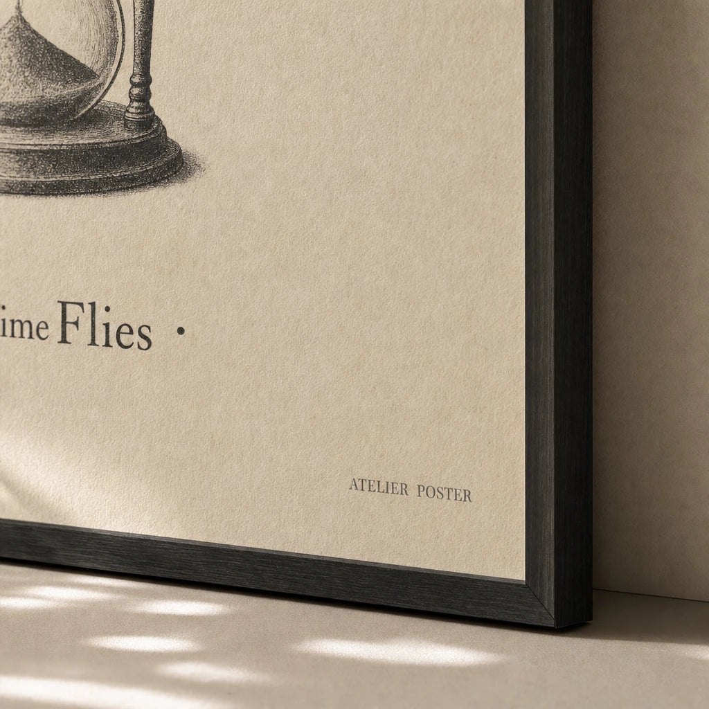 Dark Academia Latin Quote Poster — Tempus Fugit Latin serif dark academia parchment aesthetic, close-up detail of print, Atelier Poster