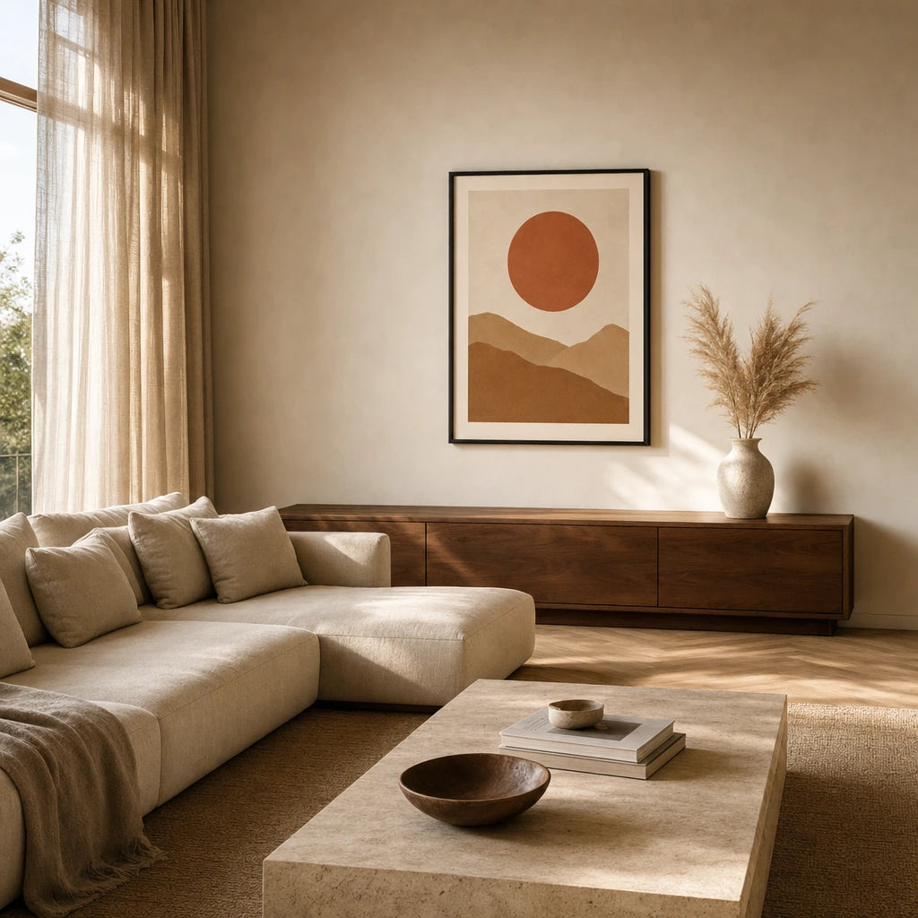 Terracotta Sun Mountains Poster — Terracotta sun behind ochre desert mountains warm earth tones, wide room display, Atelier Poster