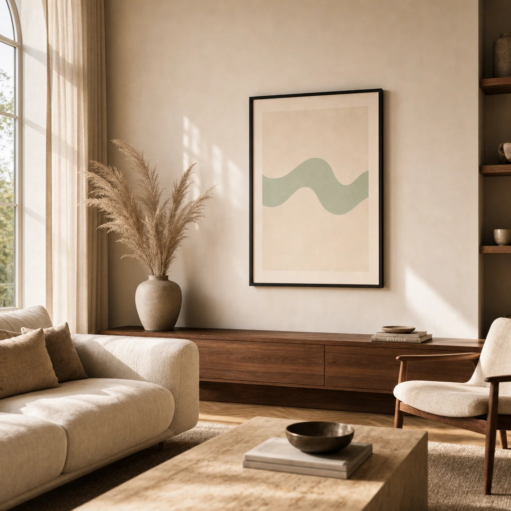 Mint Wave Soft Poster — Single pale mint wave on warm cream soft organic abstract, wide room display, Atelier Poster