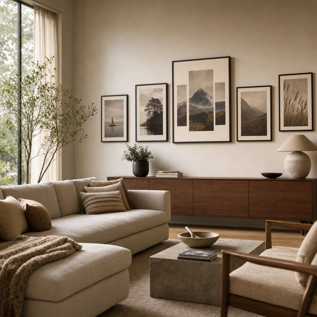 Statement Mountain Flanking Gallery Poster — Statement mountain landscape with two flanking horizon set, wide room display, Atelier Poster