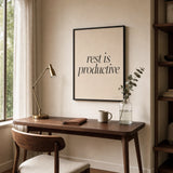Rest Is Productive Poster — Elegant serif italic 'rest is productive' wellness mantra, wide room display, Atelier Poster
